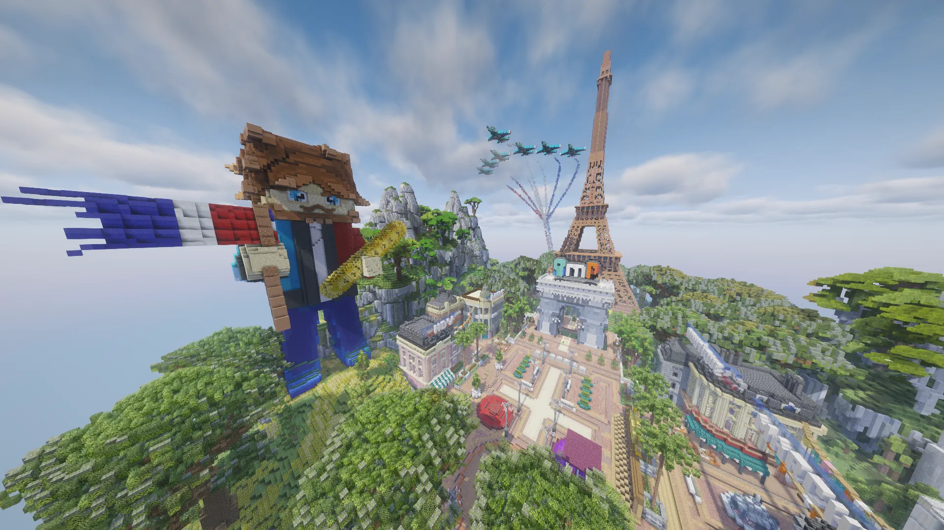 Le spawn de French SMP en plein jour : un géant à l’écharpe tricolore tient une baguette, à côté de la tour Eiffel et de l’Arc de Triomphe surmonté du panneau SMP, survolés par la Patrouille de France.